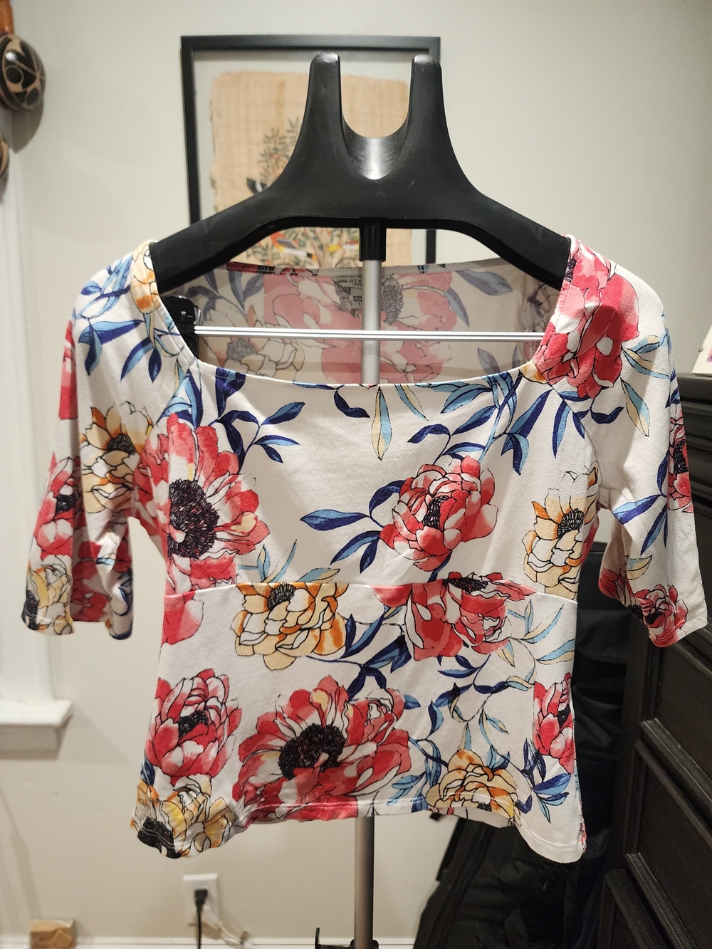 GUESS Cream Floral Scoop-Neck Blouse with Coral, Yellow and Blue Accents